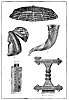 VIKING RELICS<BR>
1. Gold Collar from Oland. 2. Masked Helmet from Thorsbjerg Moss. 3. Drinking-horn. 4. Portion of a Damascened Sword from Nydam. 5. Bronze Sword Grip decorated with gold and garnets.<BR>
1. 3, <I>and</I> 5 <I>reproduced by permission fro