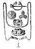 VIKING ORNAMENTS<BR>
1. Pin-brooch; 2, 3, 4, 5, Bronze Buckles; 6, Gold Neck-chain with Hammer of Thor hanging at bottom